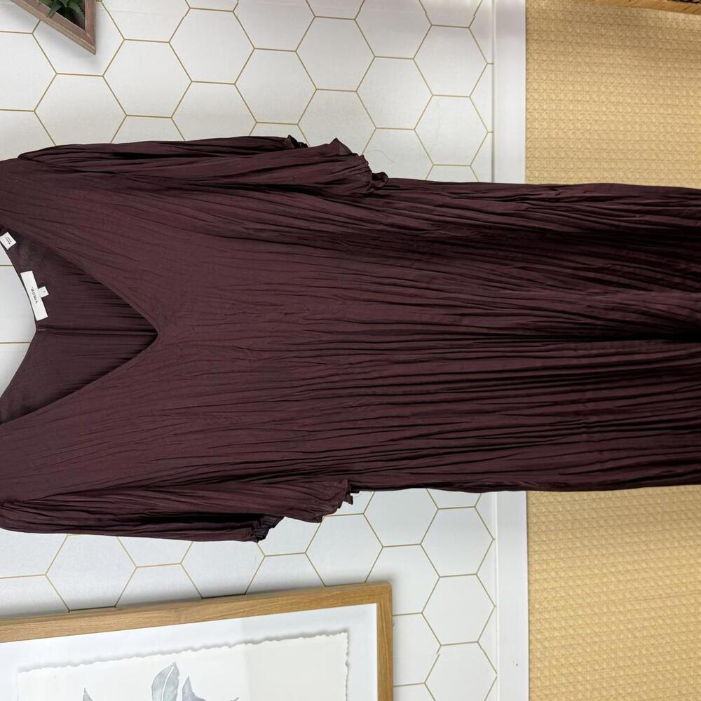 Vince Pleated V-Neck Satin Burgundy Knee Length Dress - Size - Large - Picture 7 of 7
